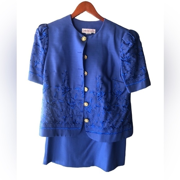 Vintage 80s -90s royal blue blouse and skirt set - Picture 1 of 9